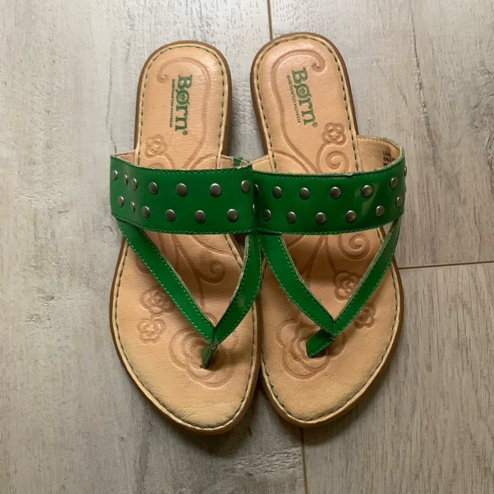 Born Green Studded Leather Thong Sandals